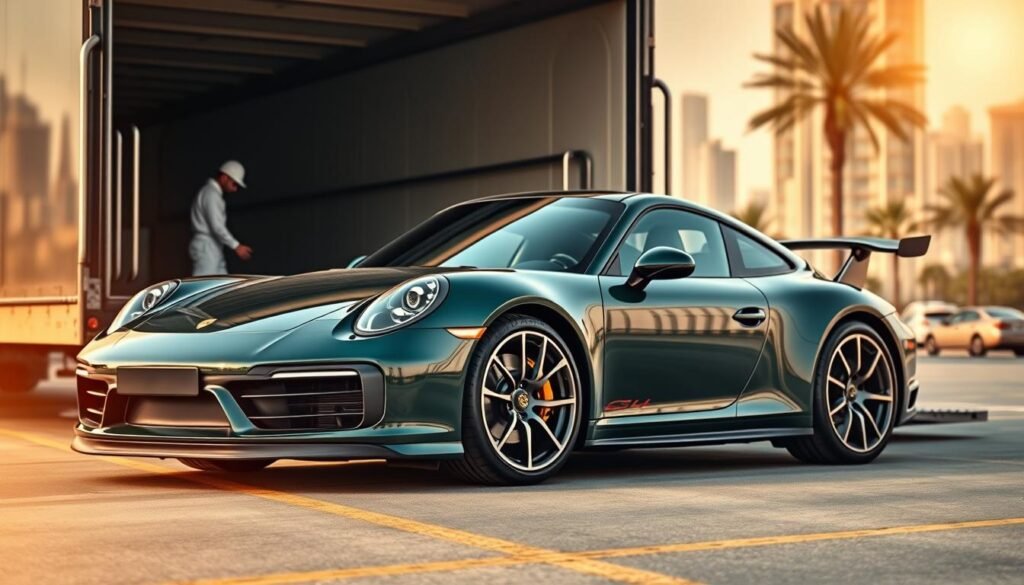 A high-resolution, detailed image of a dark green Porsche 911 sports car being imported and transported to the United Arab Emirates. The car is positioned in the foreground, with a clear view of its sleek, aerodynamic design, featuring a low-slung body, swept-back headlights, and a prominent rear spoiler. The middle ground shows the car being loaded onto a specialized transport truck, with workers in the background overseeing the process. The background is a sunny, urban landscape, with skyscrapers and palm trees, characteristic of the UAE. The image is lit with a warm, golden tone, creating a sense of luxury and prestige. The overall composition and lighting emphasize the power, performance, and exclusivity of the Porsche 911 being imported into the Emirates.