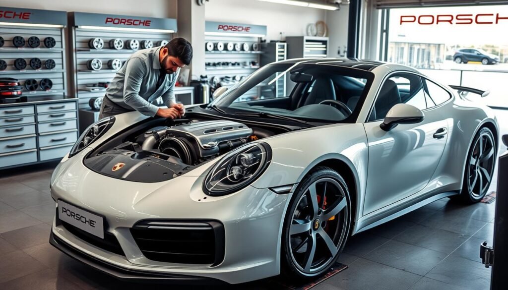 A well-lit, high-angle shot of a Porsche 911 sports car undergoing maintenance at a state-of-the-art service center in the United Arab Emirates. The mechanic, wearing a clean uniform, is meticulously inspecting the engine, while a display of genuine Porsche spare parts is visible in the background. The workshop is spacious, with modern equipment and tools, conveying a sense of professionalism and attention to detail. Soft, directional lighting accentuates the sleek, aerodynamic curves of the 911, creating a sense of power and sophistication. The overall scene communicates the level of care and expertise involved in maintaining these iconic German sports cars in the UAE.