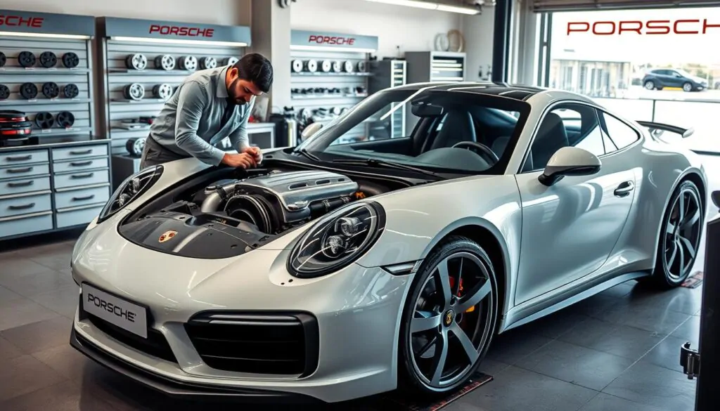 A well-lit, high-angle shot of a Porsche 911 sports car undergoing maintenance at a state-of-the-art service center in the United Arab Emirates. The mechanic, wearing a clean uniform, is meticulously inspecting the engine, while a display of genuine Porsche spare parts is visible in the background. The workshop is spacious, with modern equipment and tools, conveying a sense of professionalism and attention to detail. Soft, directional lighting accentuates the sleek, aerodynamic curves of the 911, creating a sense of power and sophistication. The overall scene communicates the level of care and expertise involved in maintaining these iconic German sports cars in the UAE.
