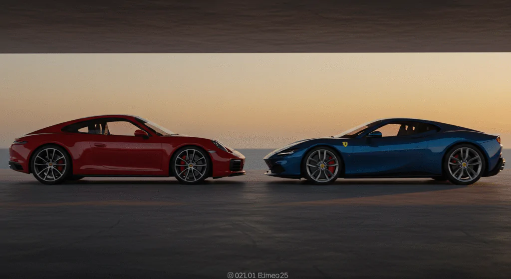 A side-by-side comparison of a sleek Porsche 911 and a striking Ferrari 296 GTB, captured in a high-resolution, photorealistic rendering. The 911 in a bold red hue, its sculpted exterior accentuated by the warm, golden hour lighting, while the 296 GTB in a stunning metallic blue glistens under dramatic shadows, conveying its raw power and agility. The scene set against a minimalist, urban backdrop, highlighting the vehicles' dynamic presence and showcasing their unparalleled design and engineering prowess - two of the finest sports cars in the Emirati automotive landscape for 2025.